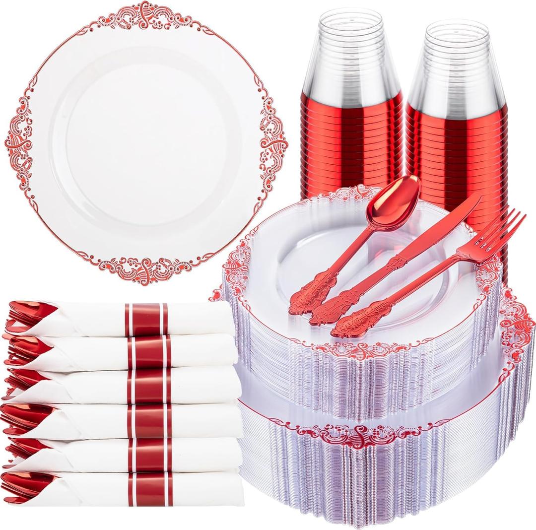 Hioasis 350pcs Clear and Red Plates - Red Party Plates for 50 Guest, Include 100 Heavy-duty Plates(20% Thicker Than Standard), 50 Pre Rolled Gold Plastic Silverware Set, 50 Cups