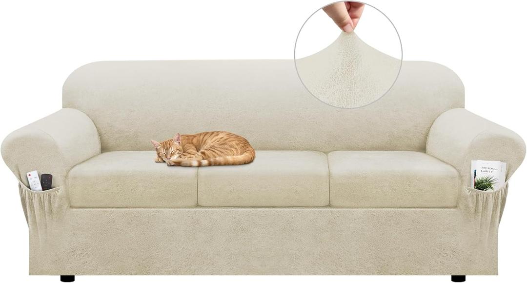 Sofa Slipcover with Armrest Pockets 4-Piece Set, Stretch Faux Leather Couch Cover for 3-Cushion Couches(Fits 72-92") - Non-Slip, Machine Washable, Pet & Kid Friendly - Beige