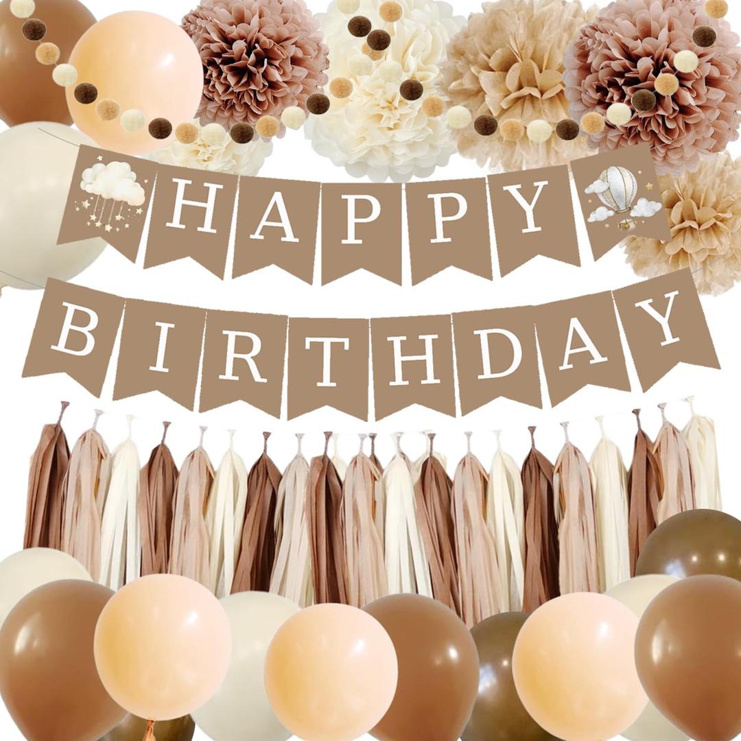 Birthday Decorations for Girls Boys, Brown Happy Birthday Banner with Felt Ball Garland Paper Pompoms Tassel Garland, Beige Cream Neutral Boho Birthday Party Balloons for Women Men Baby Shower