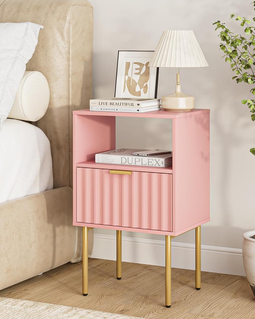 Nightstand,Modern Bedside Table with Gold Frame,White Night Stand,Bedside Furniture, Modern Side Table with Drawer and Shelf for Bedroom,Living Room (Pink)
