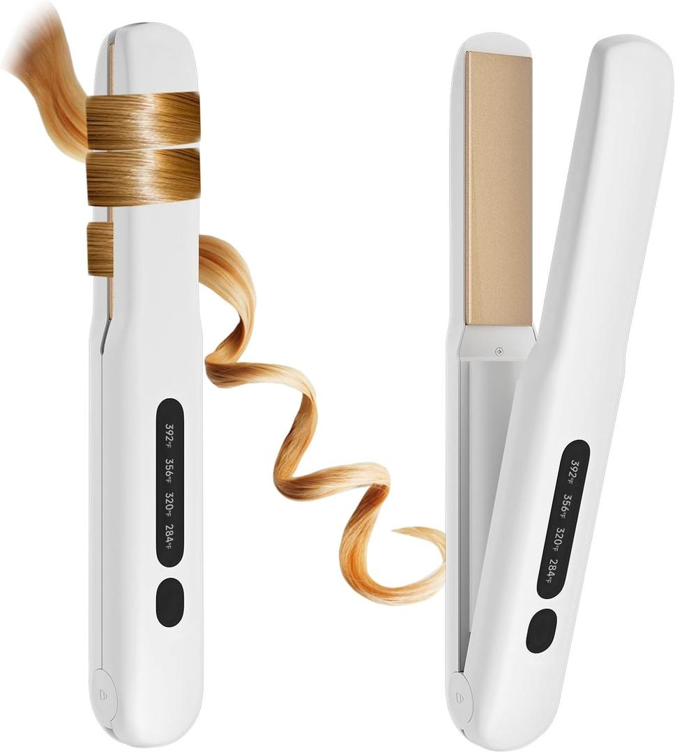 Cordless Hair Straightener and Curler, 2 in 1 Portable Mini Flat Iron & Curling Iron, Fast Heating & Titanium Plate Straightener with 4 Adjustable Temp,Travel Size Preferred Gifts (White)