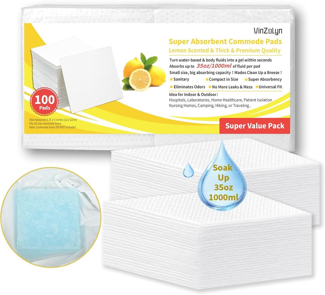 Lemon Scented Absorbent Pads for Commode, 100 Pcs, Light Scent Commode Pads for Bedside Commode Liners, Medical Grade, Disposable, Simple for Camping, Seniors and Disabled