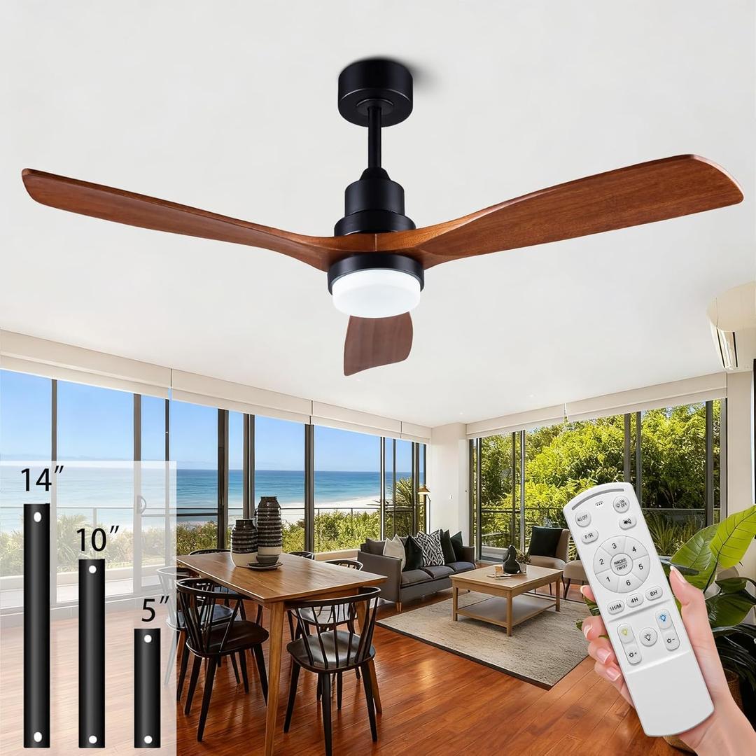 52-inch Ceiling Fan with Remote Control (Illuminated) 3-Blade Carved Wooden Fan Blades Quiet Reversible All-Copper Motor Ideal for Living Rooms, Bedrooms, and Courtyards Black/Walnut Finish