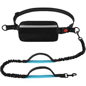 Hands Free Dog Leash with Zipper Pouch, Dual Padded Handles, Shock Absorbing Bungee Leash for Small Medium Large Dogs, Ideal for Walking Jogging Running Hiking (Black)