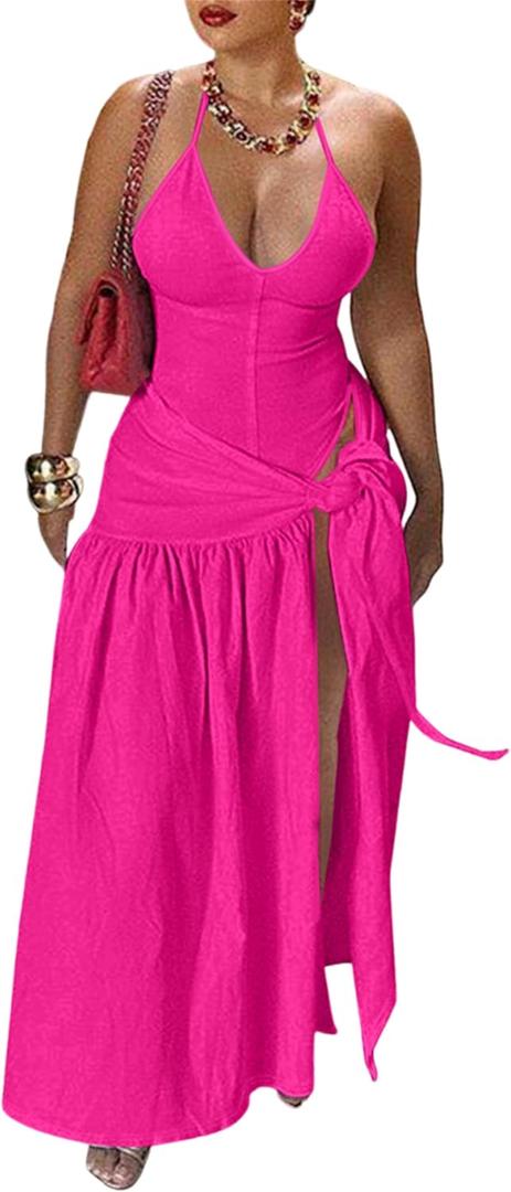 Womens Summer 2 Piece Maxi Skirt Sets Sexy Halter V Neck Backless Thong Bodysuits Wrap Beach Cover Ups Vacation Outfits (Pink, L)