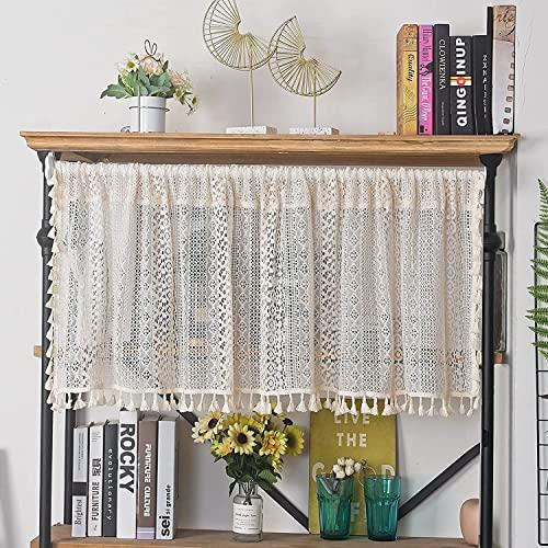 Sutuo Home Beige Boho Lace Short Curtain for Kitchen Window Curtains Over Sink,Vintage Chic Valance Crochet Bohemian Semi Sheer Farmhouse Rustic Handmade Tassels,Rod Pocket,1 Panel 59" W x 18" L