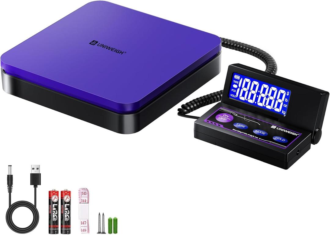 UNIWEIGH Digital Shipping Scale 110lbs/0.1oz Accurate,Postal Scale with 5 Units/LCD/Tare/Hold Function,Auto-Off,Postage Scale for Packages Small Business/Mail Scale,Includes Battery & USB-A