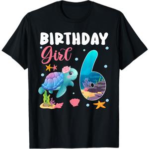 Birthday Girls 6th Sea Turtle 6 Year Old Ocean Aquarium T-Shirt (Black, Kids 8)