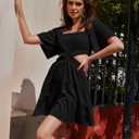 Wimsihal Women's Summer Dresses Square Neck Casual Short Sleeves Elastic Waist Party Mini Dress (Black, M)