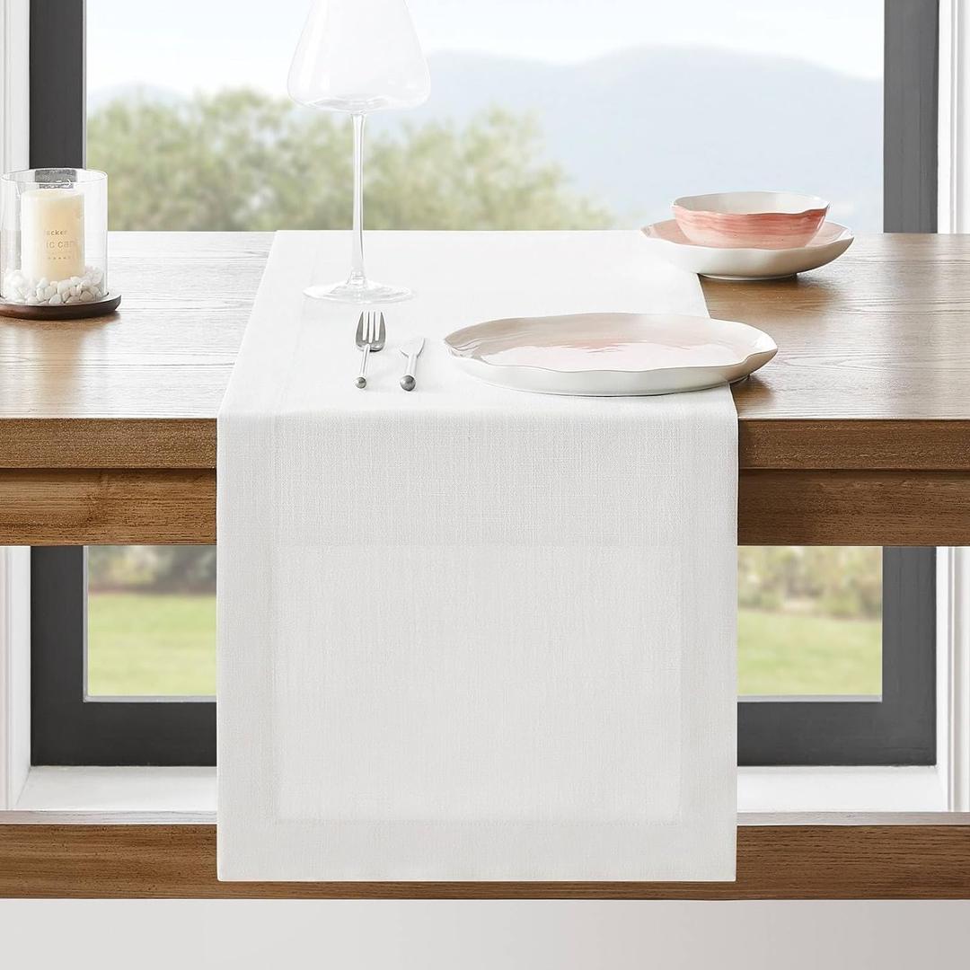 ZeeMart Linen Textured Border Table Runner, 14 x 60 Inch White, Farmhouse Style White Table Runners 60 Inches Long, Easy Care Everyday Polyester Table Runner