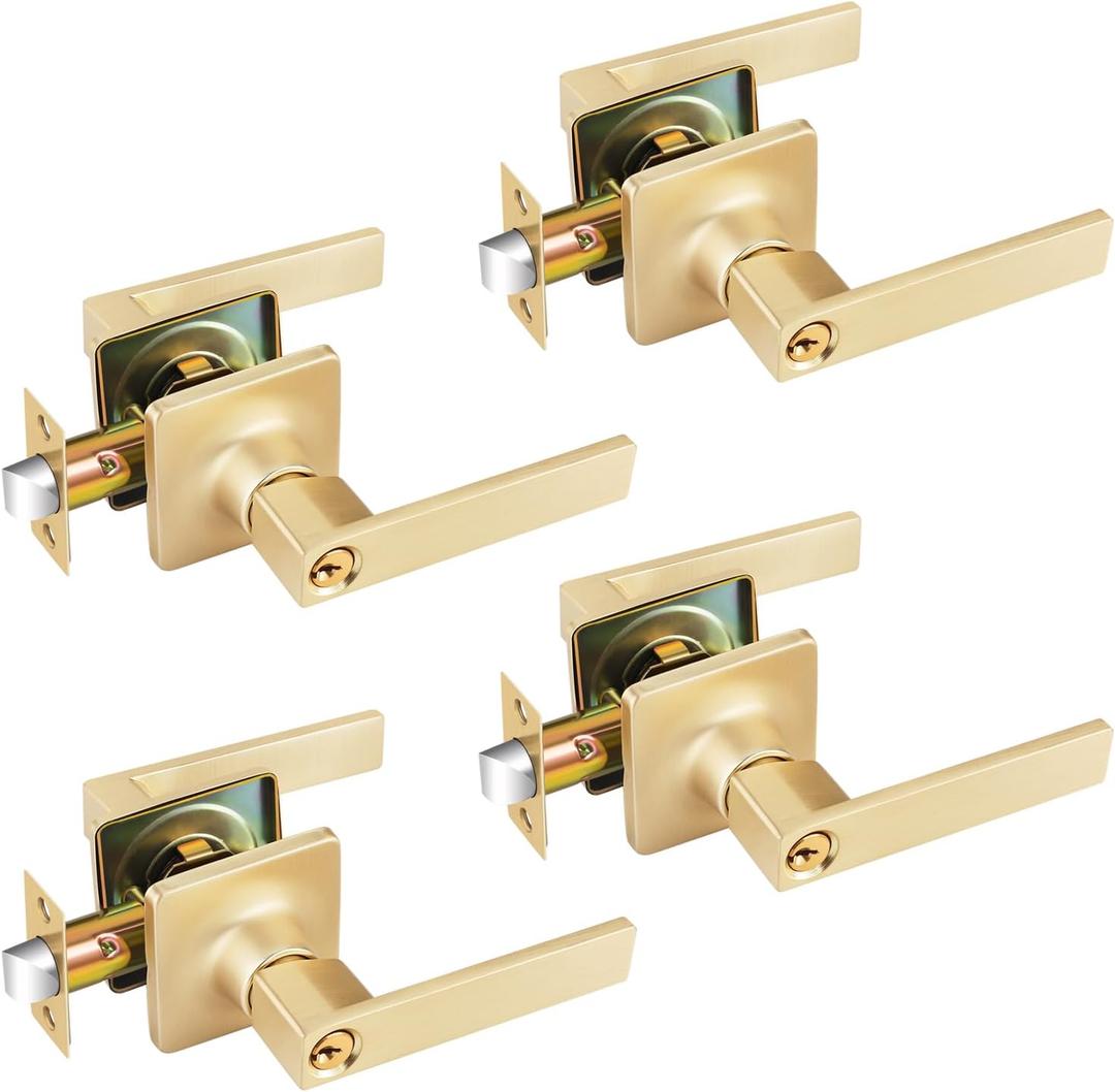 EHOMEWARE 4 Pack Entry Door Handles with Lock and Keys Brushed Brass, Gold Door Knobs with Keys for Bedroom or Living Room, Interior or Exterior Use