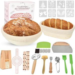 Banneton Bread Proofing Basket Set, 9" Round & 10" Oval Sourdough Bread Baking Supplies, Sourdough Starter Kit, Bread Making Tools Gift Set for Beginner Professional Bakers (Beige)