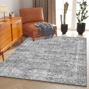 Area Rug 4x6 Gray Living Room Rugs,Machine Washable Rug,Stain Resistant Soft Thin Carpet,Boho Vintage Home Decor,Indoor Non-Slip Rugs,for Bedroom,Office,Farmhouse,Dining,Dorm (Grey)