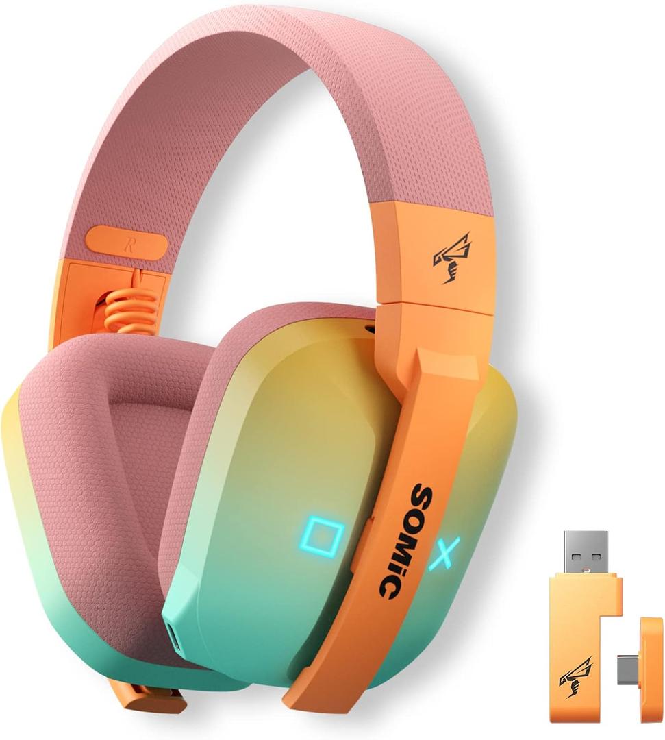 SOMIC G810 Wireless Headset 2.4G Low Latency Headset for PC PS4 PS5 Laptop, Bluetooth 5.2 Wireless Headphone with Built-in Mic, 50H Playtime, RGB Light Foldable for Gamer (Xbox Only Work in Wired) (Gradient Orange Green)