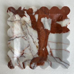 Vintage Natural Marble Tray Small Ornaments Scalloped Tray Handmade Storage Dish for Counter, Vanity, Dresser, Nightstand and Desk (Calacatta Red)