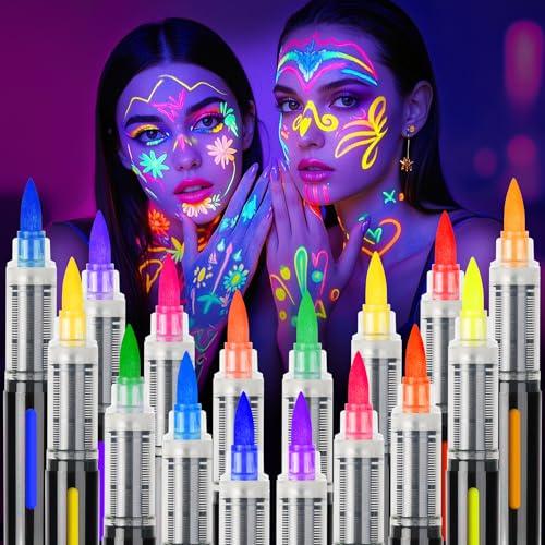 ThEast 16 Glow in the Dark Body Paint, UV Neon Face Paint Markers, Glow Face Painting, Washable Tattoo Markers for Skin, Halloween Makeup for Party