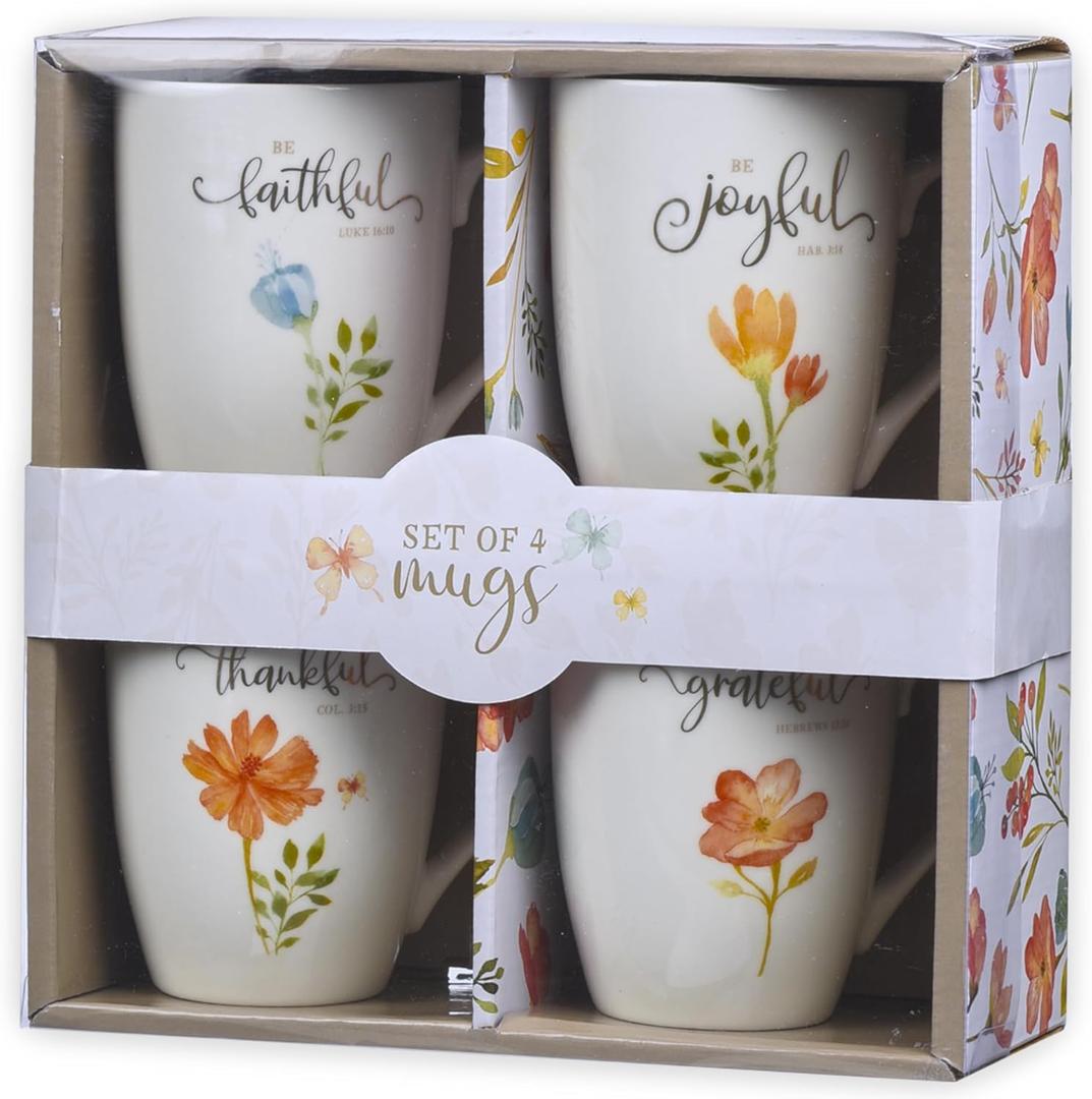 Christian Art Gifts Ceramic Coffee or Tea Mug Set for Women, Be Grateful, Faithful, Thankful, Joyful Bible Verse Mug Set, Boxed Set of 4 Coffee Cups