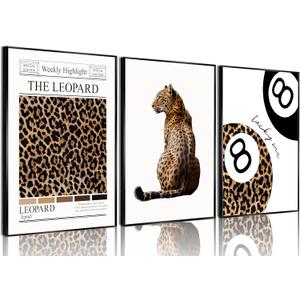 Trendy Leopard Wall Art Set of 3 Funky Lucky 8 Ball Posters Prints Preppy Room Aesthetic Cheetah Wall Decor Pictures for Girls Bedroom Apartment Dorm Unframed 16x24in