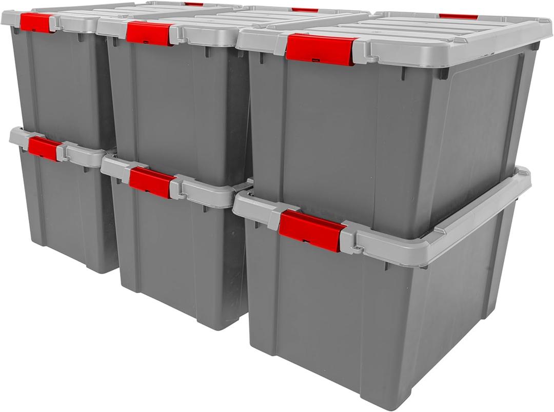 IRIS USA 19 Gallon Lockable Storage Totes with Lids, 6 Pack - Gray, Heavy-Duty Durable Stackable Containers, Large Garage Organizing Bins Moving Tubs, Rugged Sturdy Equipment Utility Tool Box