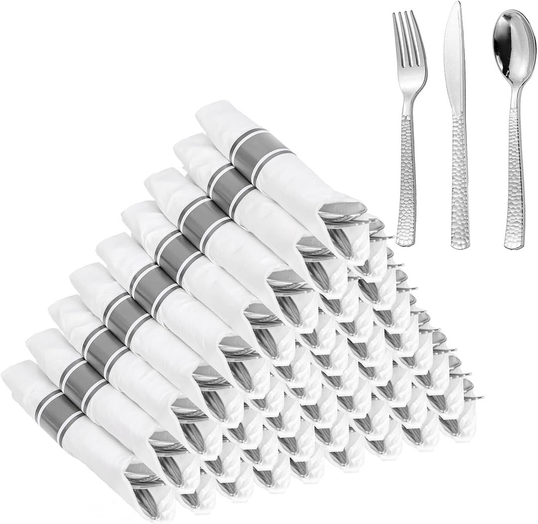 WELLIFE 75 Pack Silver Plastic Silverware,Pre Rolled Silverware Set Disposable,Disposable Cutlery Includes: 75 Forks, 75 Knives, 75 Spoons, 75 Napkins,Plastic Utensils for Party and Wedding