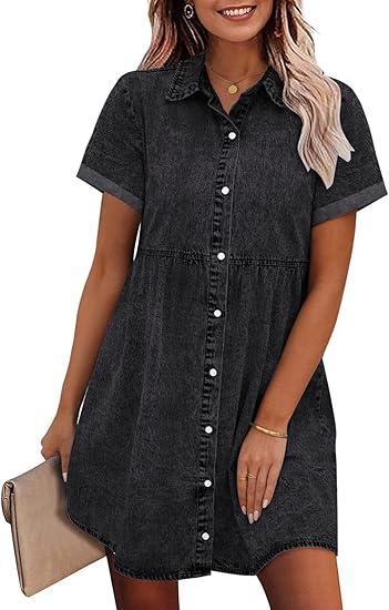 GRAPENT Denim Dress for Women Babydoll Tiered Short Sleeve Button Down Jean Shirt Dresses Vintage Black S