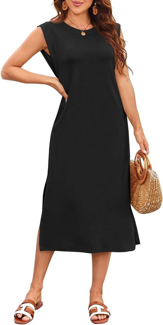 Naggoo Summer Dresses for Women 2026 Sleeveless Casual Split Midi Dress Maxi Beach Travel Vacation Sundress with Pockets (Black, L)
