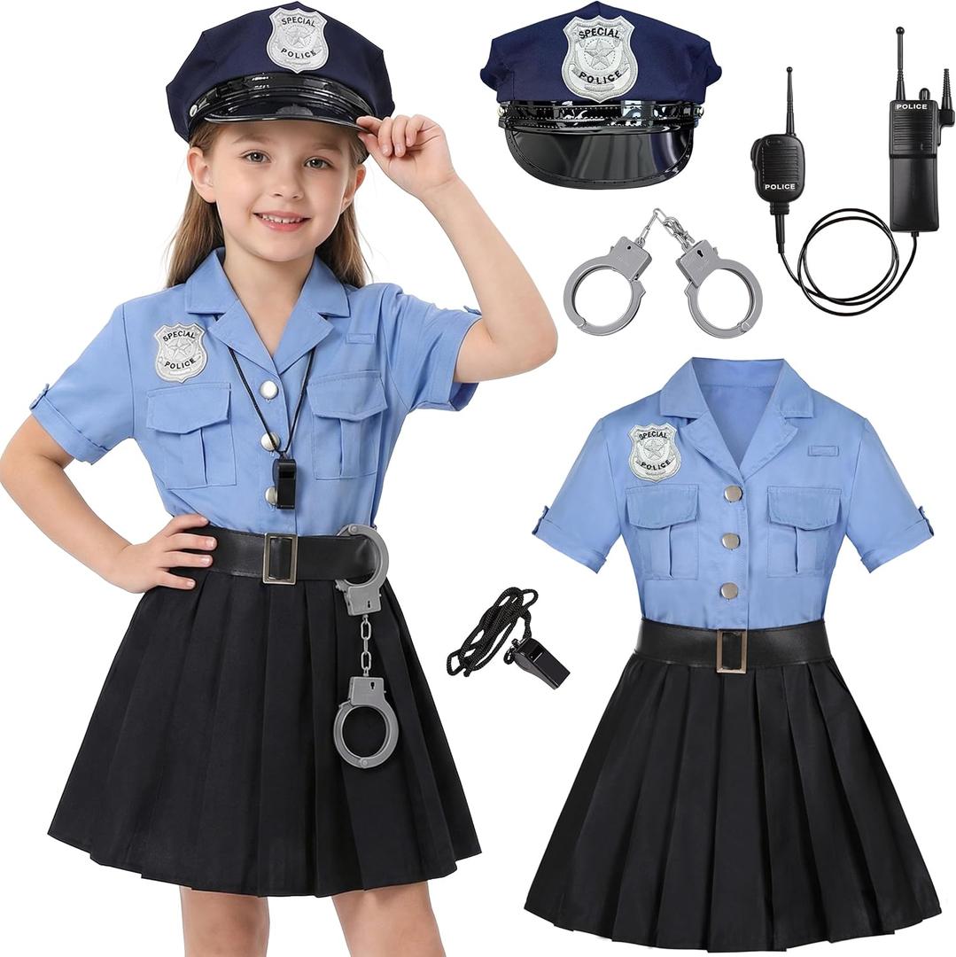 Girls Police Officer Costume Kids Cop Uniform for Girls Cop Cosplay Halloween Costume (5-6 Years, Blue)