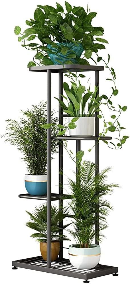 LINZINAR Plant Stand Indoor Outdoor Corner 4 Tier Metal Plant Shelf Patio Plant Rack for Garden Corner Balcony Living Room, 4 Tier-5 Potted, Dark Grey