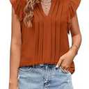 KIRUNDO Womens Summer Tops 2025 Spring Fashion Dressy Casual Blouses Ruffle Cap Sleeve V Neck Pleated Business Work Shirts(Caramel, Medium)