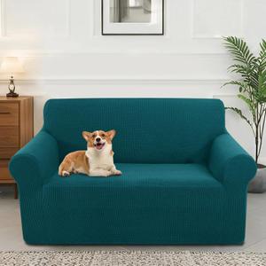 Stretch Couch Cover Washable Sofa Slipcover Furniture Protector with Non Skid Foam and Elastic Bottom for Kids, Dog(Loveseat/Blue, Medium)