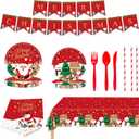 170Pcs Christmas Paper Plates and Napkins - Disposable Dinnerware Party Supplies Set with Tablecloth Spoons Straws Knives Forks Banner, Xmas Tableware Set for Holiday Dinners Decorations Serves 24