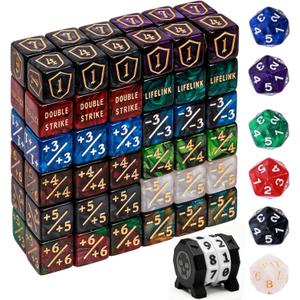 79 Pcs MTG Dice Set in 12 Colors with Plus 1 Life Counter Dices, Buff Ability Keyword Tokens, Shield and Spindown Dice, Life Counter Wheel Bag For MTG, TCG, Cards Gaming Accessories (Black and Purple)