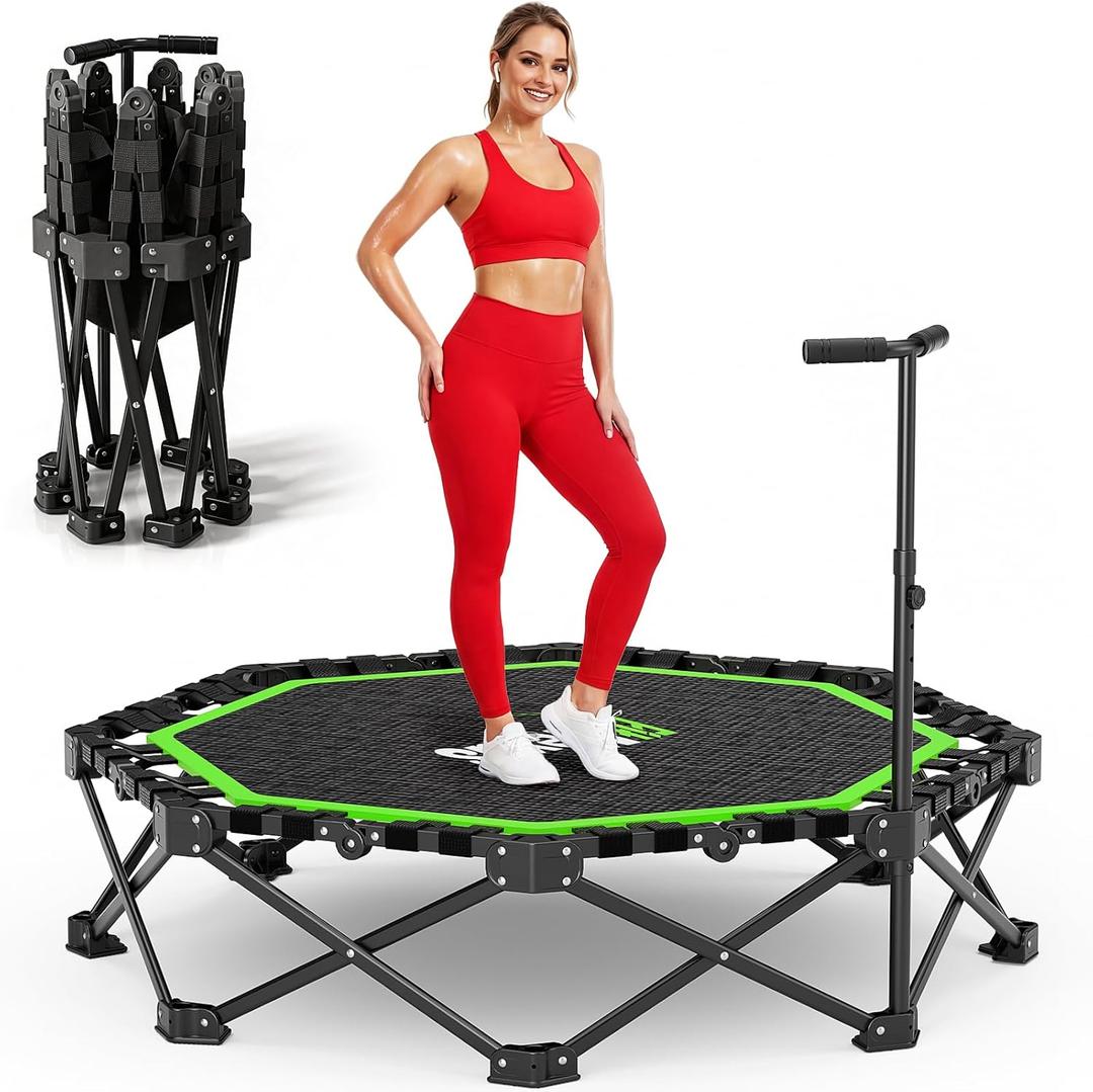 48" Foldable Mini Trampoline, 550lb Capacity Rebounder with Adjustable T-Bar for Adults, Home Gym Fitness Equipment (Black Green)