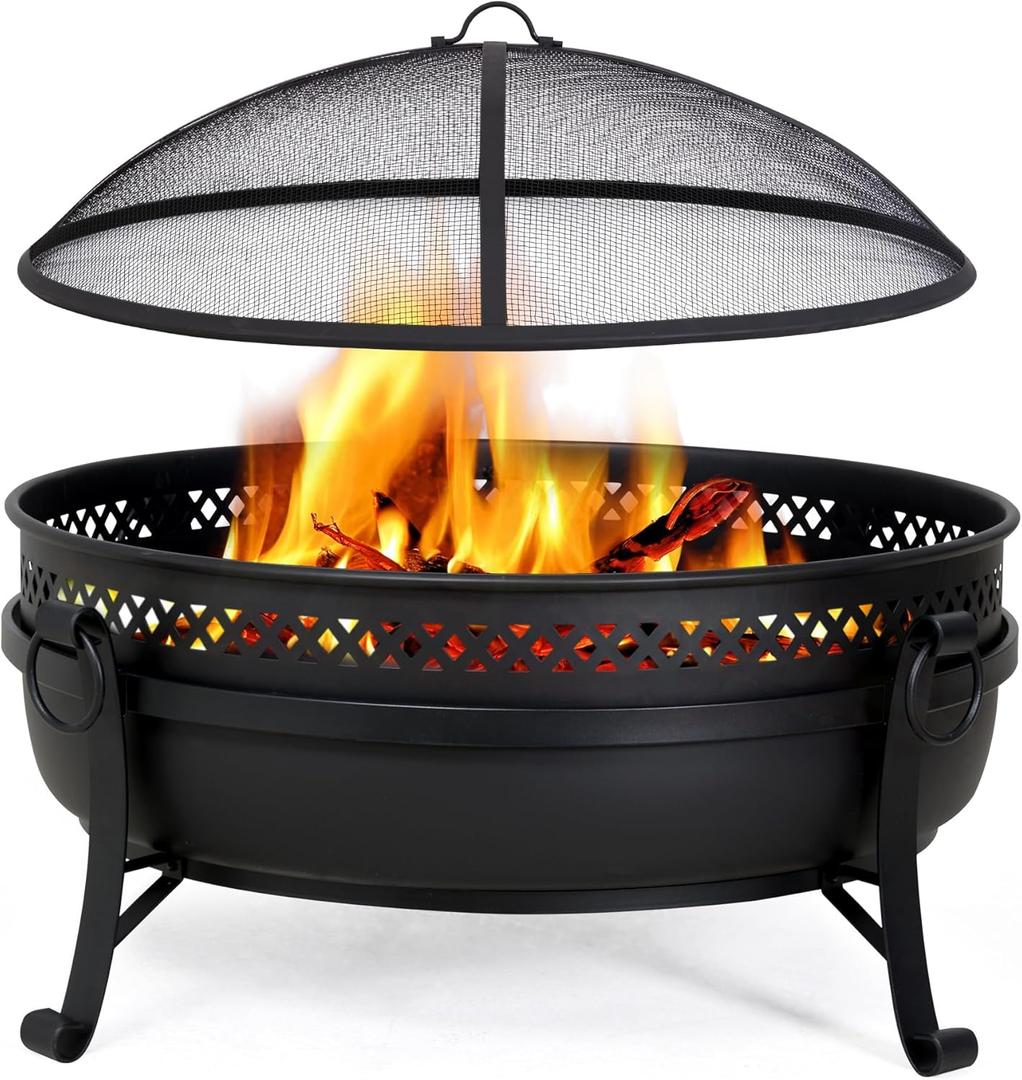 SUNCREAT Outdoor Patio Fire Pit with Mesh Spark Screen, 40" Portable Fire Pit for Camping, Black