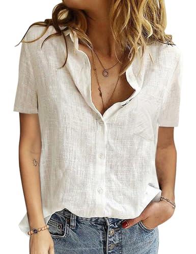 Jyanl Womens Button Down Shirts Cotton Summer Tops V Neck Short Sleeve Shirt Collared Blouse Casual Linen Textured Plain Tshirt Work Tops White, Size: L