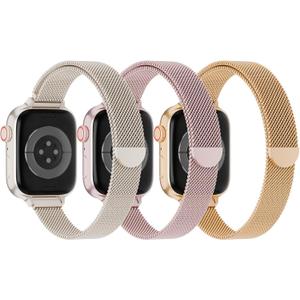 3 Pack Slim Metal Loop Compatible with Apple Watch Band 42mm 41mm 40mm 38mm 46mm 45mm 44mm 49mm Women Men, Thin Stainless Steel Magnetic Strap for iWatch Bands Series 11 10 9 8 SE 7 6 5 4 3 Ultra (Starlight/Pink/Rose Gold)