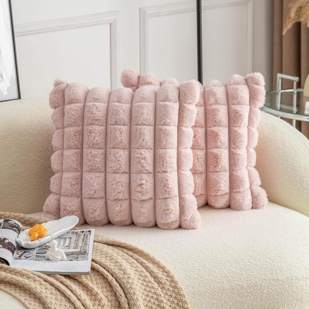 Neelvin Pink Faux Fur Cozy Soft Plaid Decorative Throw Pillow Covers 18x18 inch Set of 2,Velvet Pillowcase Cushion Case for Sofa Couch