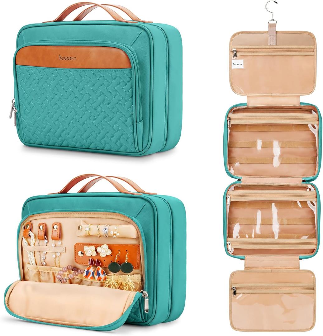 Travel Hanging Toiletry Bag for Women, with Jewelry Organizer Compartment, Medium Waterproof Hanging Makeup Accessories, Cosmetic Essentials, Toiletries Dopp Kit Set with Trolley Belt, Blue (Medium, Blue)