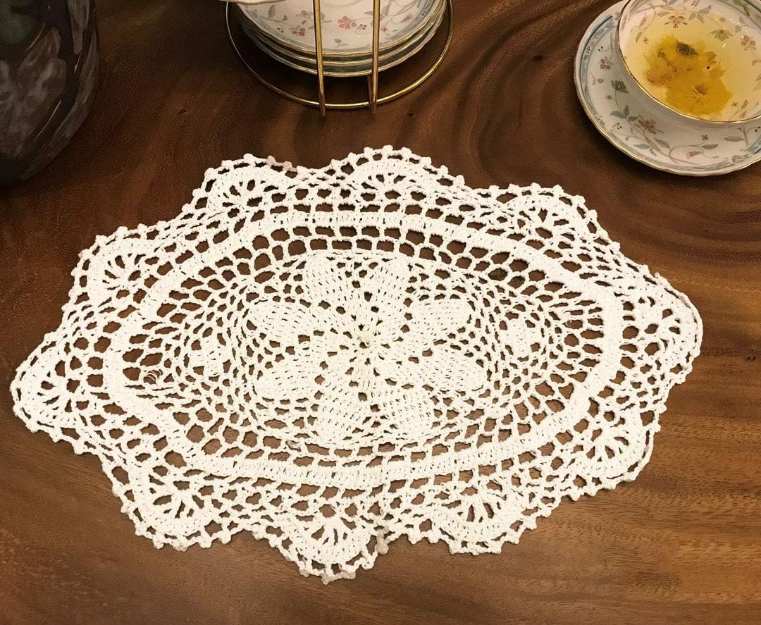 White Handmade Crochet Cotton Table mats Lace Doilies Doily Oval Lace Placemats 11 by 15 Inches 2PC.