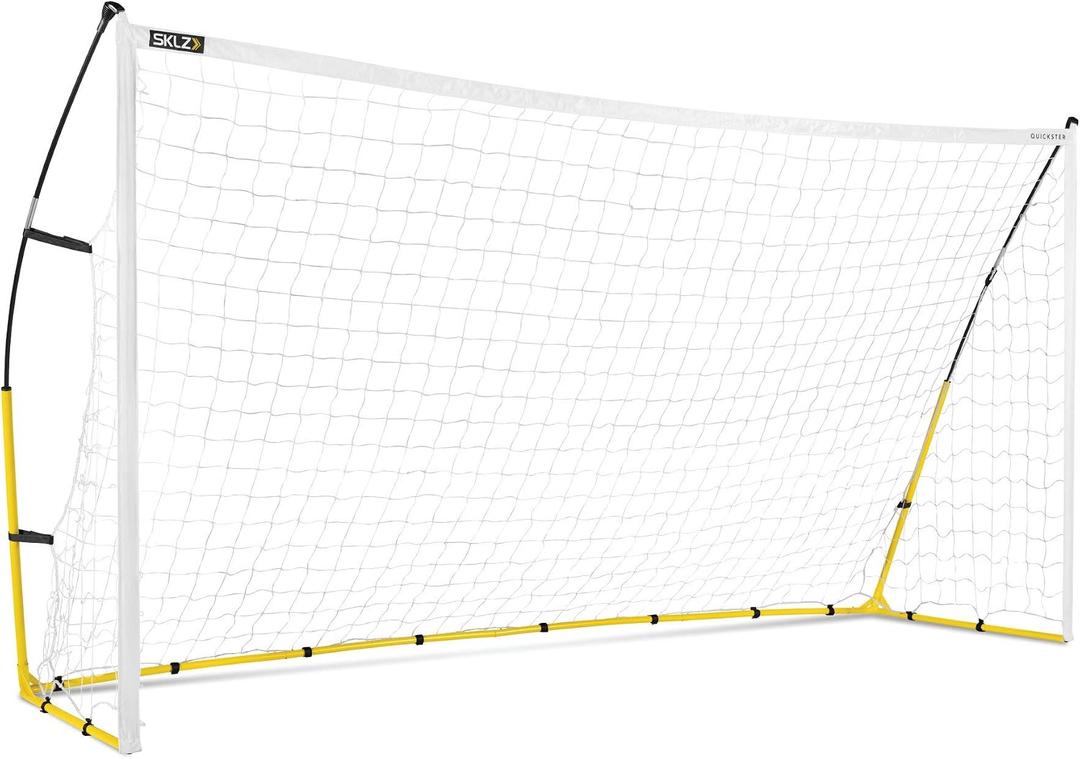 SKLZ Quickster Soccer Goal 12' x 6' - Portable Goal for Backyard & Field - Durable Tension-Tite Frame & Heavy Gauge 2-Ply Net - Adjustable Click-Lock Poles, Metal Stakes - Carrying Case with Handle