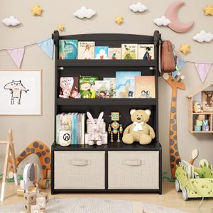 WISUCART Kids Bookshelf withToy Storage Organizer, 3 Tier Bamboo Todders Book Shelf Large Book Rack for Child Room Playroom Nursery for Kids, Children, Toddlers (Black), 27.17 x 11.02 x 41.34 inches