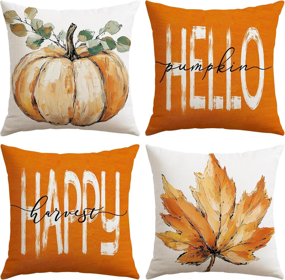 3 x Artscope Fall Decorative Throw Pillow Covers 18x18 Inch Set of 4, Hello Happy Autumn Pumpkin Maple Leaves Harvest Outdoor Farmhouse Pillow Cases for Home Sofa Couch-Orange A