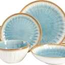 Gibson Elite Mayfair Bay 16-Piece Embossed Double Bowl Dinnerware Set, Service for 4  Blue Stoneware Plates and Bowls