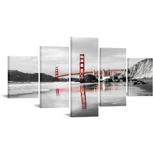 iHAPPYWALL 5 Pieces Black And White Canvas Wall Art Golden Gate Bridge San Francisco California Landscape Picture Printed for Living Room Home Decor Ready to Hang, 5Panel