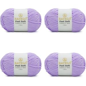 Thin Chenille Yarn for Crocheting & Knitting, Soft Plush Yarn for DIY Crafts, Amigurumi, Home Decor - 3 Light - 4 Pack of 1.7oz/142yds - Light Purple