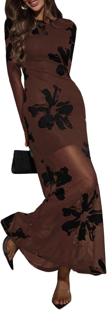 Verdusa Women's Floral Mesh Maxi Dresses Elegant Formal Long Sleeve Spring Wedding Guest Dress Cocktail (Brown, M)
