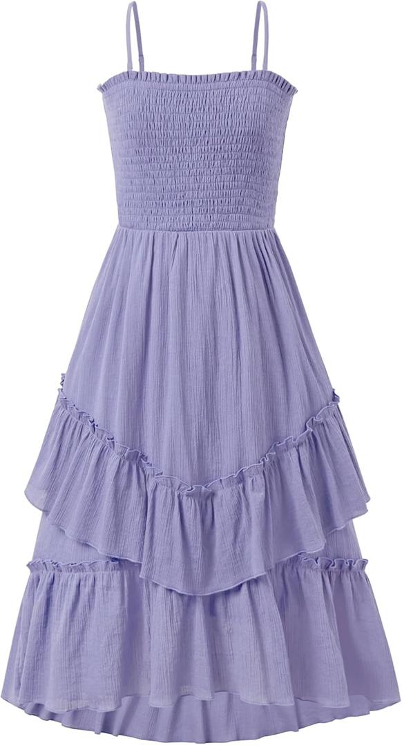 Sunny Spirit Girls Summer Dress for Tween Girl Teen Kids Sundress Maxi Boho Smocked Flowy 2-Way Layered Skirt 5-14 Years (Purple)