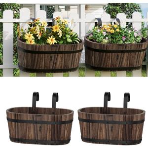 2PACK Railing Planter Box Wood Hanging Flower Pots for Railing Fence Outdoor Balcony Planters for Wall Window Flower Box Hanging Bucket Pots Countryside Plant Holder (Carbonized,2pcs,Large)