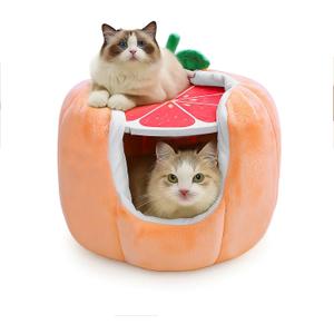 Cat Houses for Indoor Cats, Small Cat Tree with Sisal Ropes and Plush Perch, Cute Cat Bed Cave with Soft Pillow, Grapefruit Design