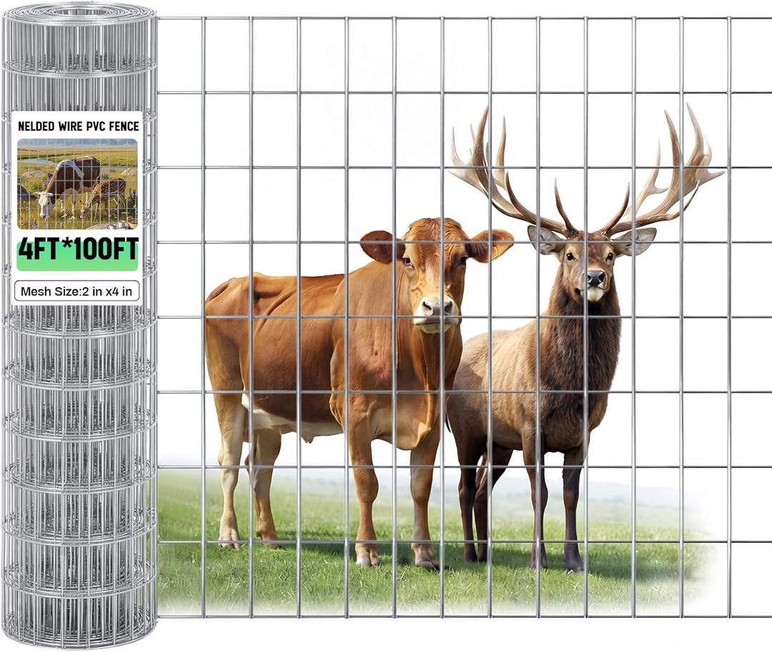 Gisafai 48in x 100ft Welded Wire Fence, 2 Inch x 4 Inch 16 GA, Galvanized Metal Garden Fence Roll Wire Mesh Netting for Goat Deer Cattle Animal Enclosures and Yard Vegetable Plant Protection,Silver